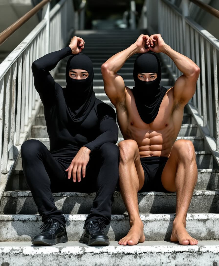 AI generated: Two male Asian born Taiwanese body builders wearing compression tight jammers in day time. Handsome....