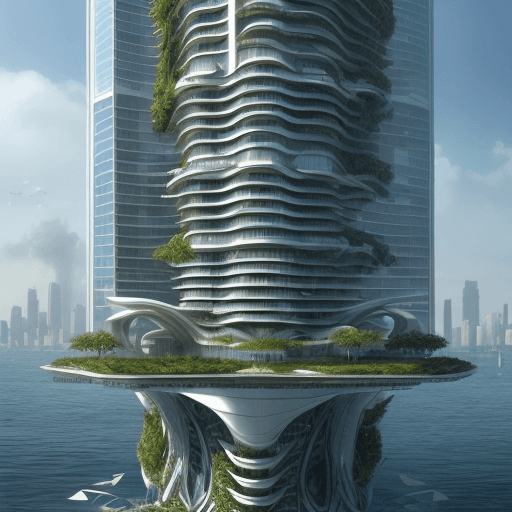 AI generated: architecture, water co-habitation, design, futuristic, rising sea levels, conceptual, level changes,...