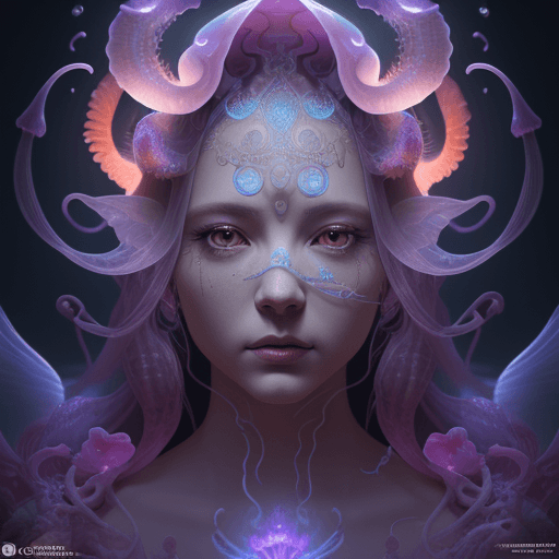 AI generated: Goddess close-up portrait ribcagel. jellyfish phoenix head, nautilus, orchid, skull, betta fish, bio...
