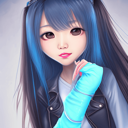 AI generated: 1 girl, beautiful Korean girl, (Cute cyan long hair), (wearing a small leather jacket, leather leggi...