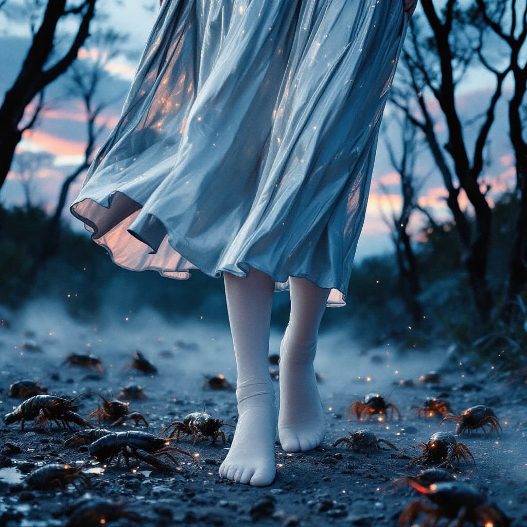 AI generated: In the afterglow of the sunset, the silver skirt swayed gently in the wind, and beneath the slender ...