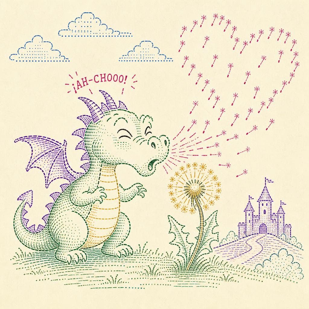 AI generated: using the images create A whimsical cartoon image of an animated dragon sniffing a dandelion, depict...