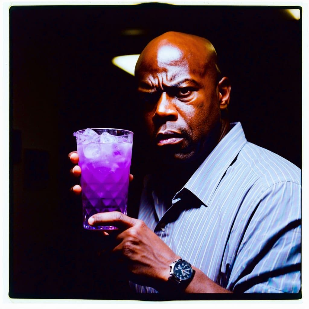 AI generated: grainy 80's photograph quality polaroid of big fat bald anxious fearful black man being court-marsha...