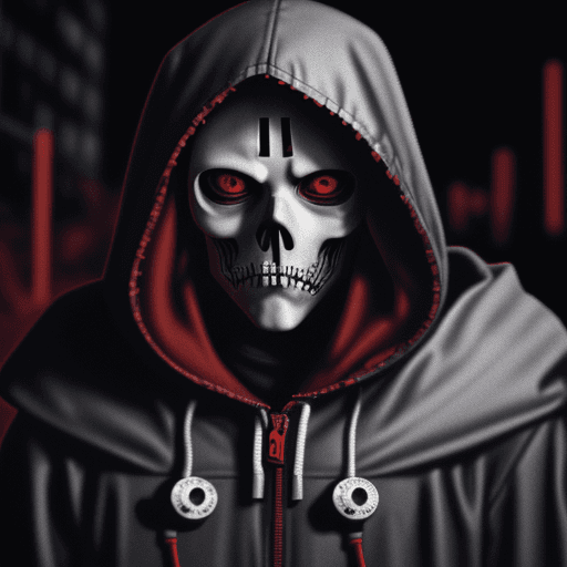 AI generated: 1 adult man, red eyes, hooded, skeletdon, looking at viewer, detailed background, detailed face, 197...
