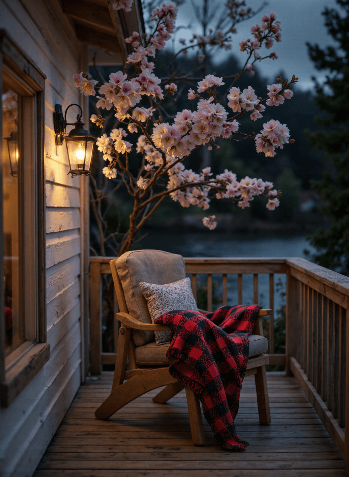 AI generated: The image depicts a cozy outdoor setting on a wooden deck attached to a small, white, wooden house. ...