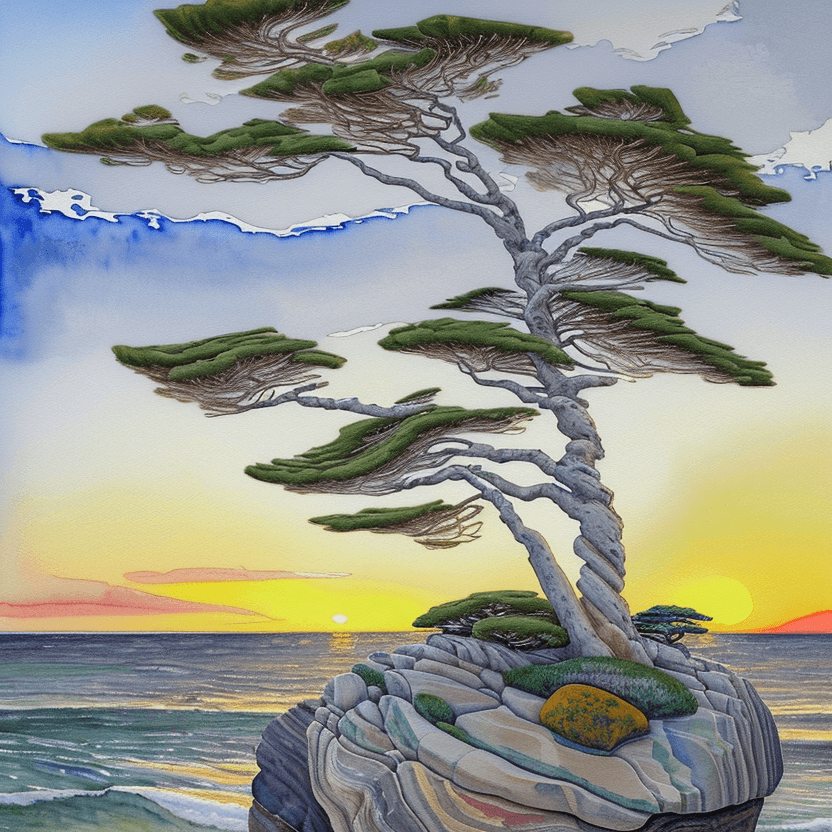 AI generated: a painting of a tree sitting on top of a rock, a watercolor painting, inspired by Arthur Lismer, cg ...