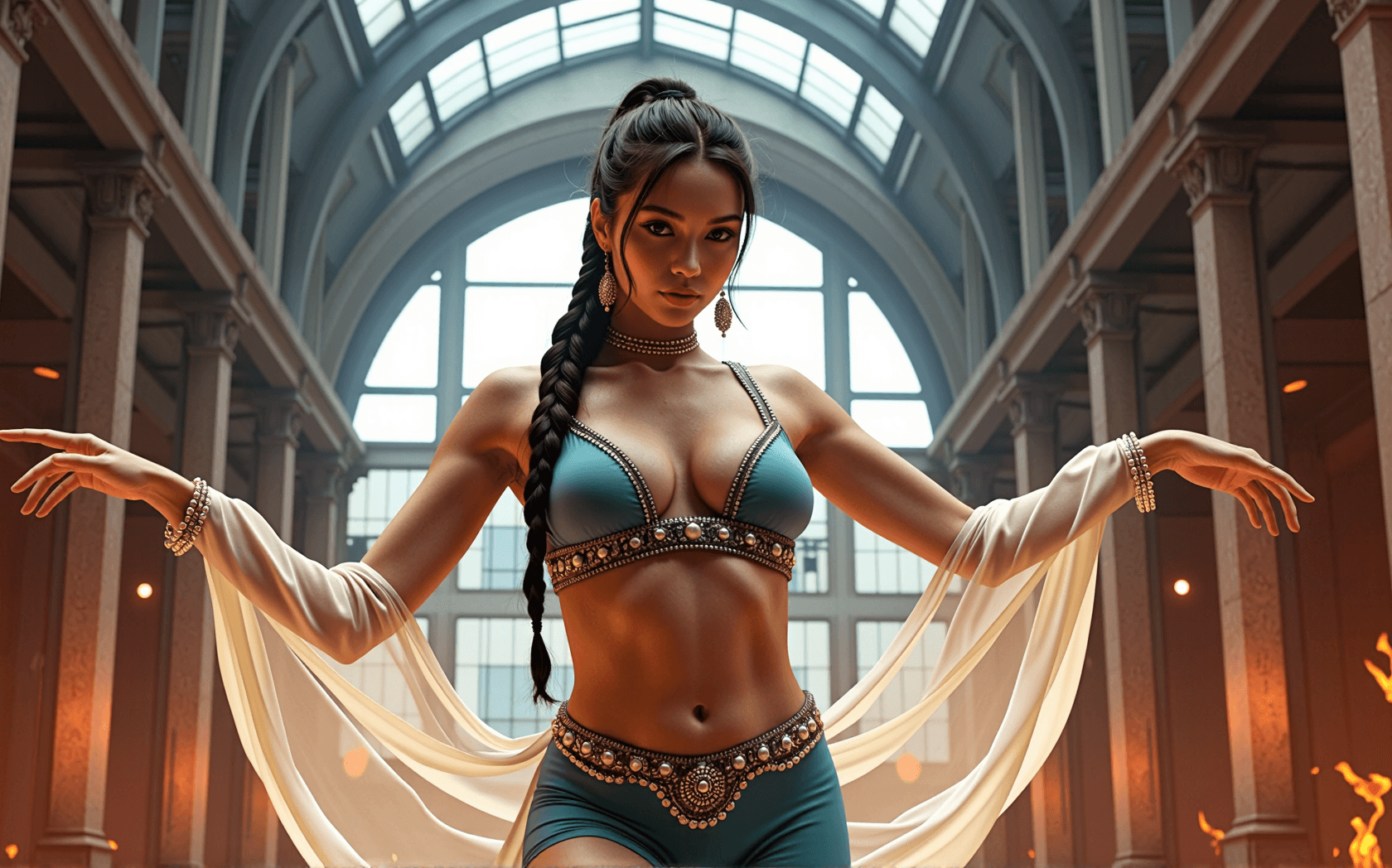AI generated: At the heart stands a sensual, commanding female dancer, skin luminous, athletic hourglass frame, lo...