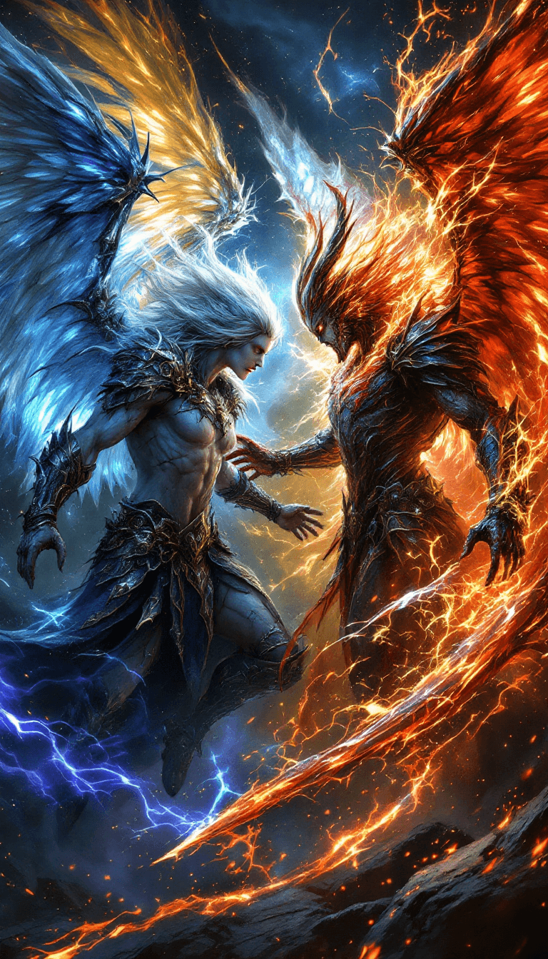 AI generated: Epic Fight between one angel and one demon, angel and demon wings, Extrem perky skin, freckles, real...