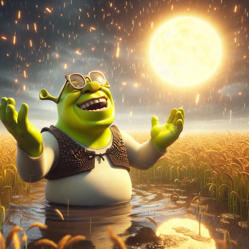 AI generated: Shrek above a puddle with square glasses, smiling looking up with raised arms and a giant bright sun...