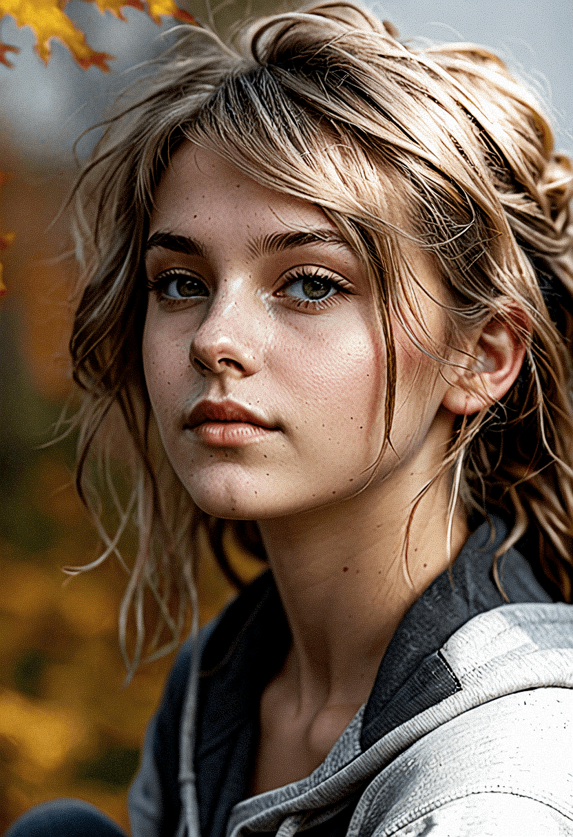 AI generated: A waist-up portrait of a young beautiful girl, natural complexion skin, messy hair style, slim with ...