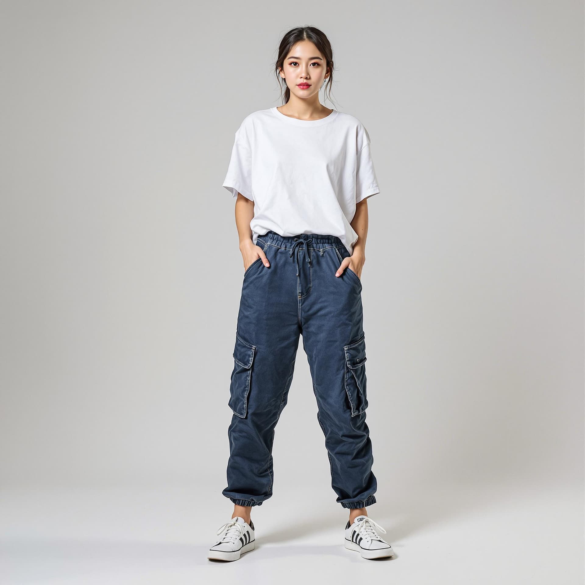 AI generated: Medium-shot portrait of a professional fashion model, wearing a white loose-fit T-shirt and washed i...