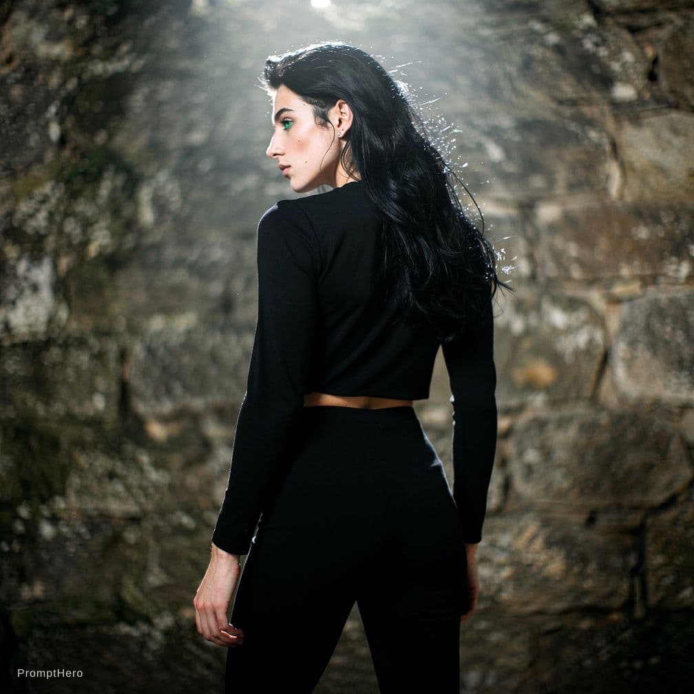 AI generated: Femboy standing facing an old stone wall, (full length: 1.5) photo of a 25 years old (naked: 1.5) fu...