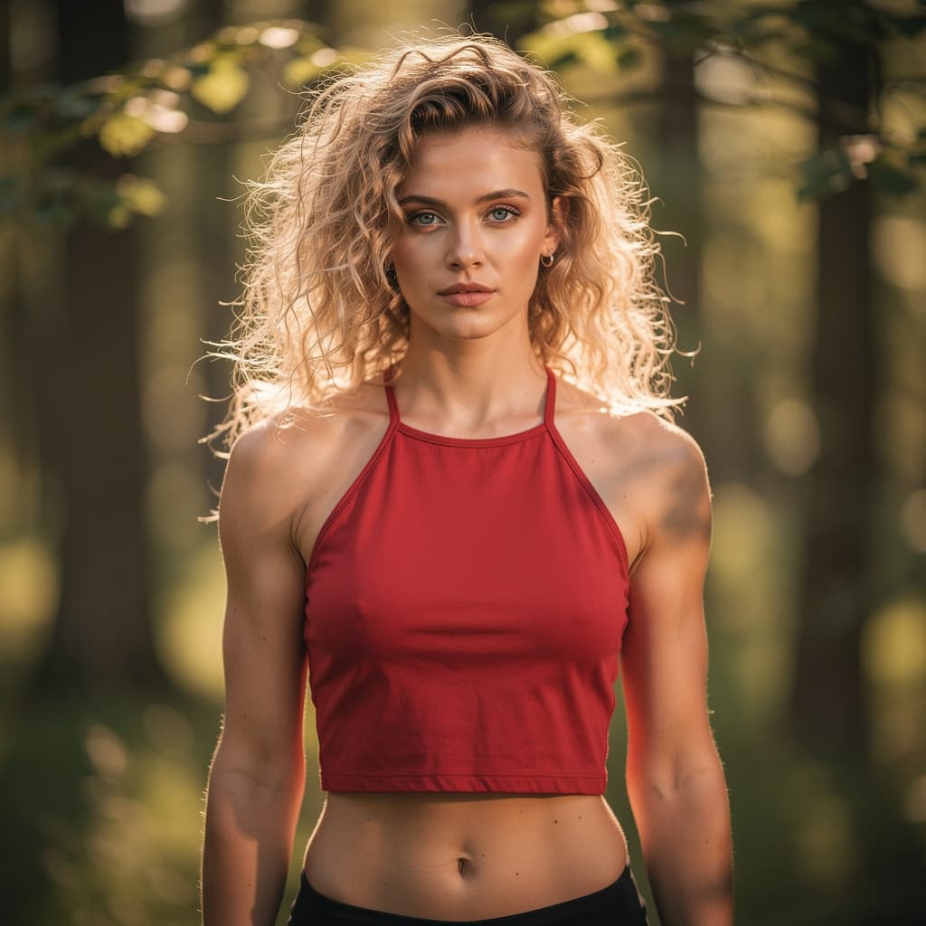 AI generated: A fit 25yo woman with curly blonde hair stands outdoors in natural sunlight filtering through trees....