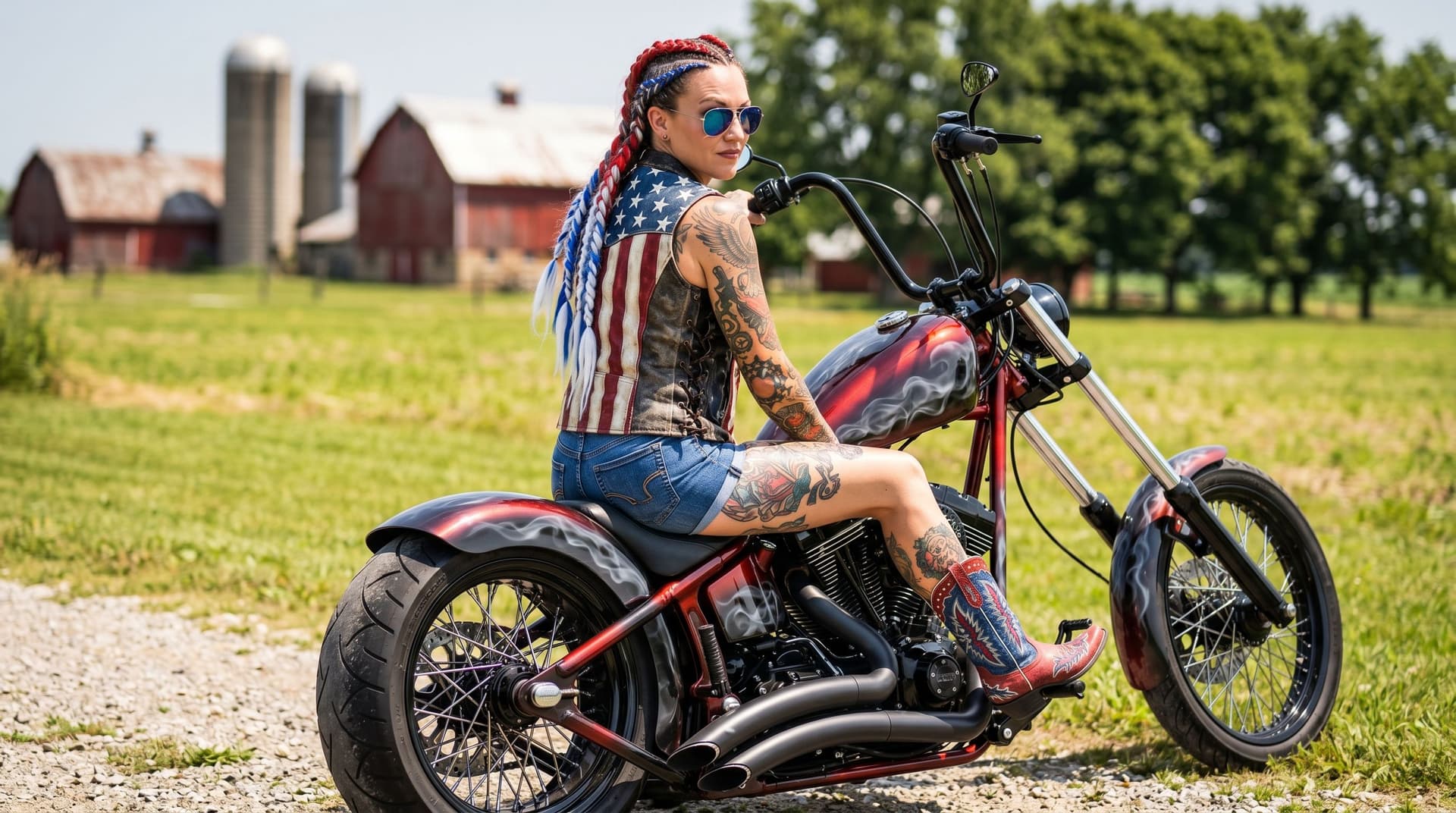 AI generated: A gorgeous, American female model with vibrant motorcycle themed tattoos from neck to ankles posing ...