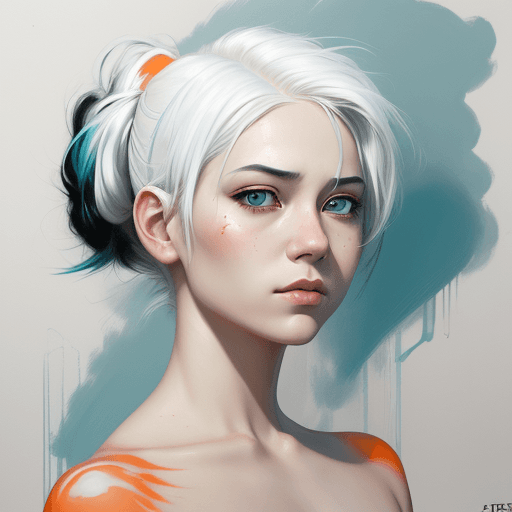 AI generated: an image of a girl with white hair, in the style of ross tran, light teal and dark orange, guido van...