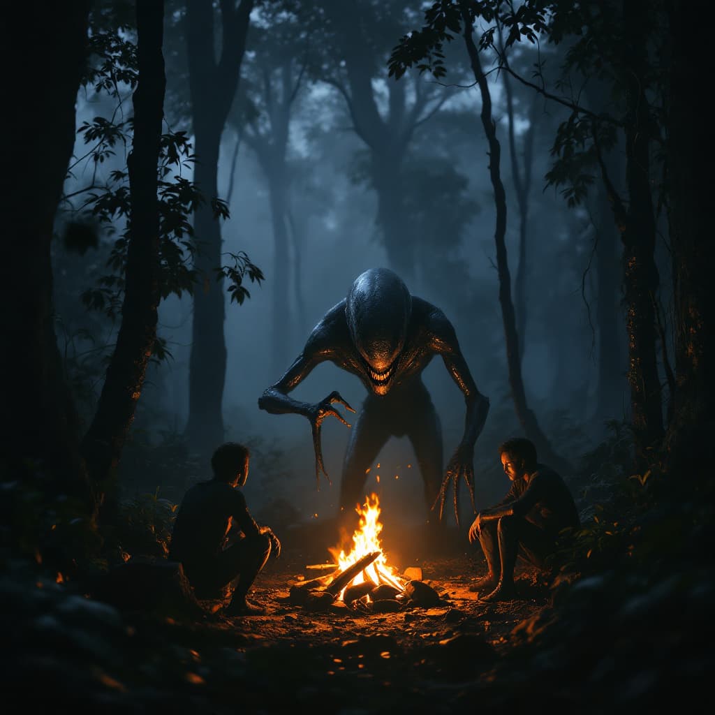 AI generated: in an alien invasion on earth a group of survivors sitting in a dark big rainforest in front of smal...