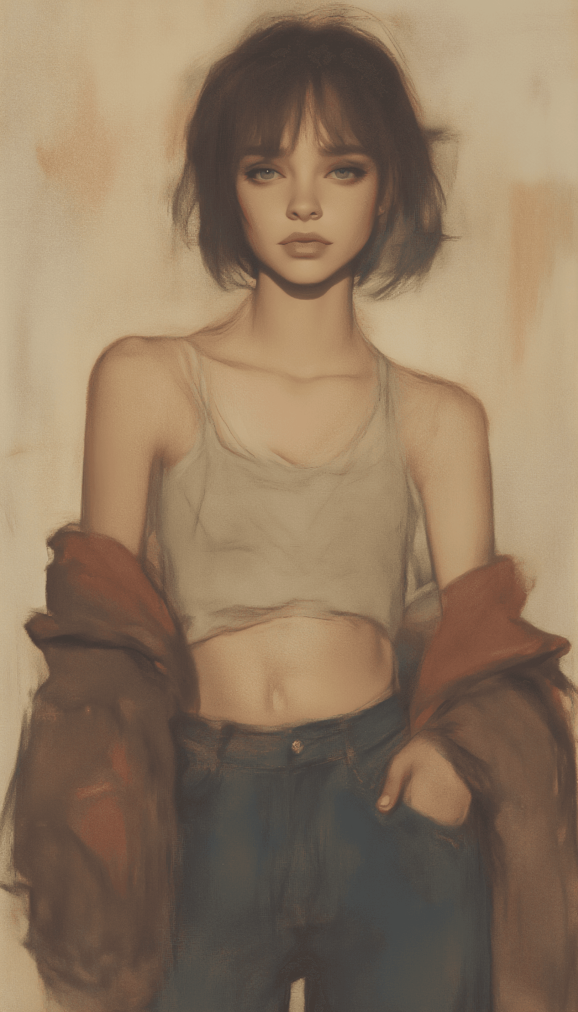 AI generated: obxiaoxiang Fit 24-year-old with short spiky espresso hair, bustier crop top, parachute pants, flat ...