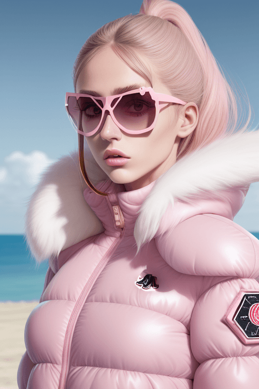 AI generated: Fashion shoot, Jacquemus and moncler collaboration: light pink translucent fur sunglasses, hyper-rea...