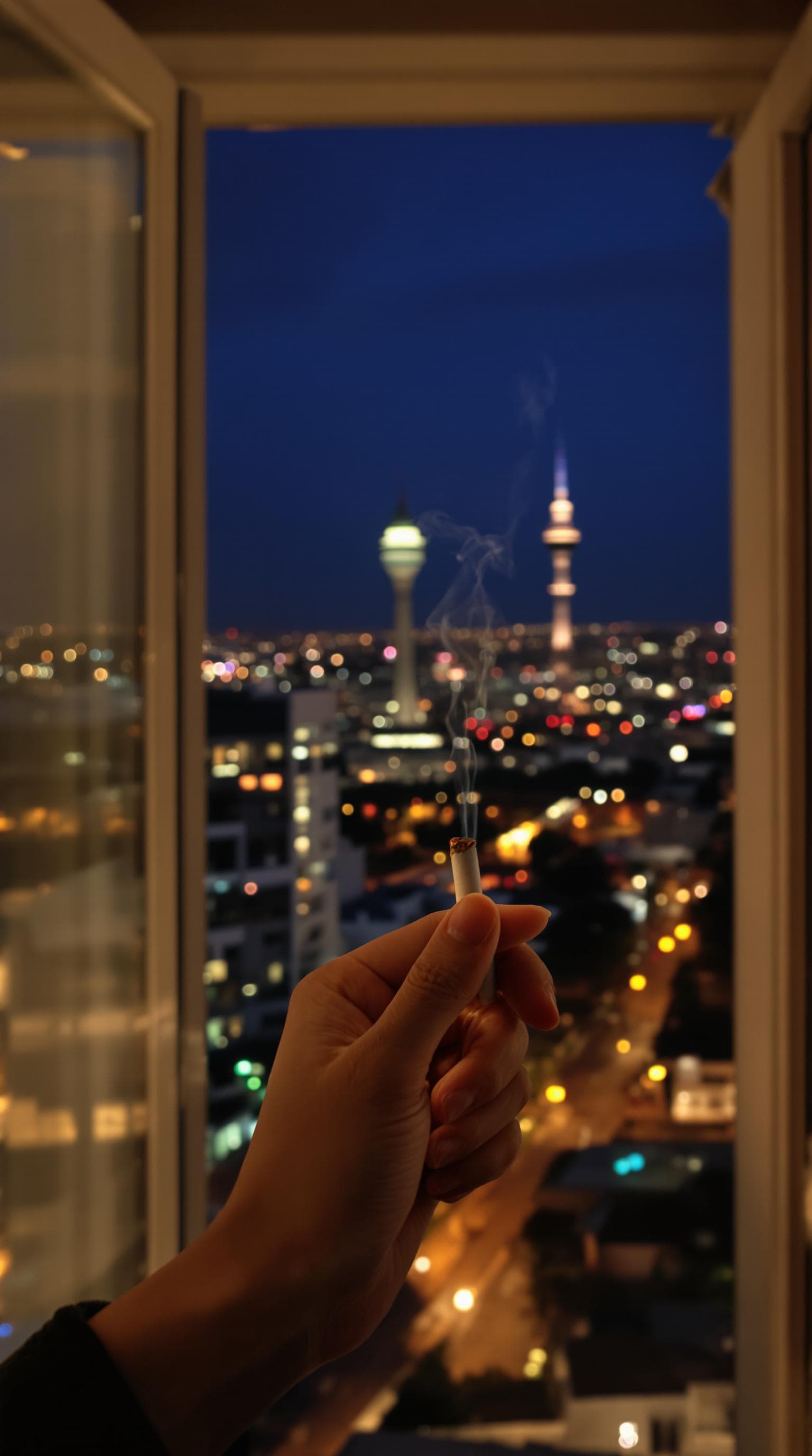 AI generated: pov first-person, i am standing by the open window, smoking a cigarette professionally . only my han...