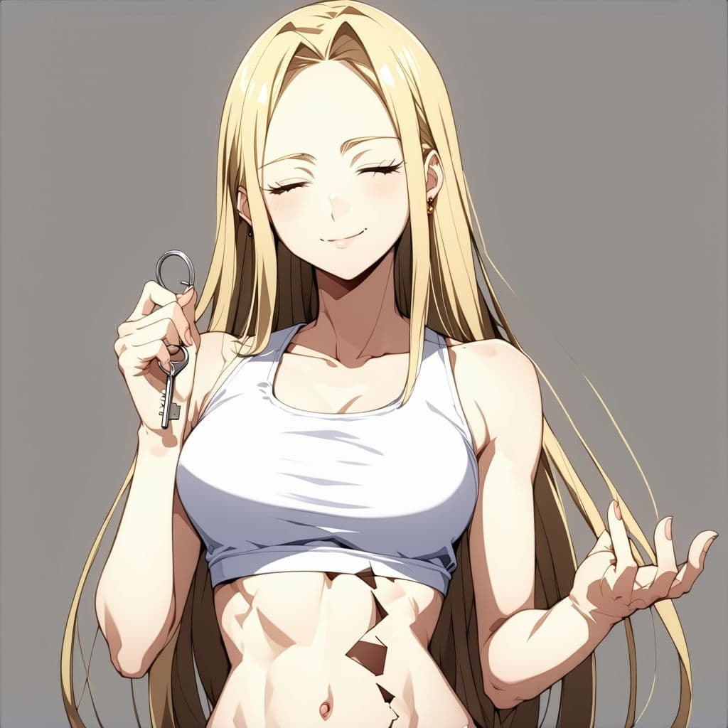 AI generated: anime woman 25 years old, slight smile and closed eyes, arrogant pose, blonde, white skin, long hair...