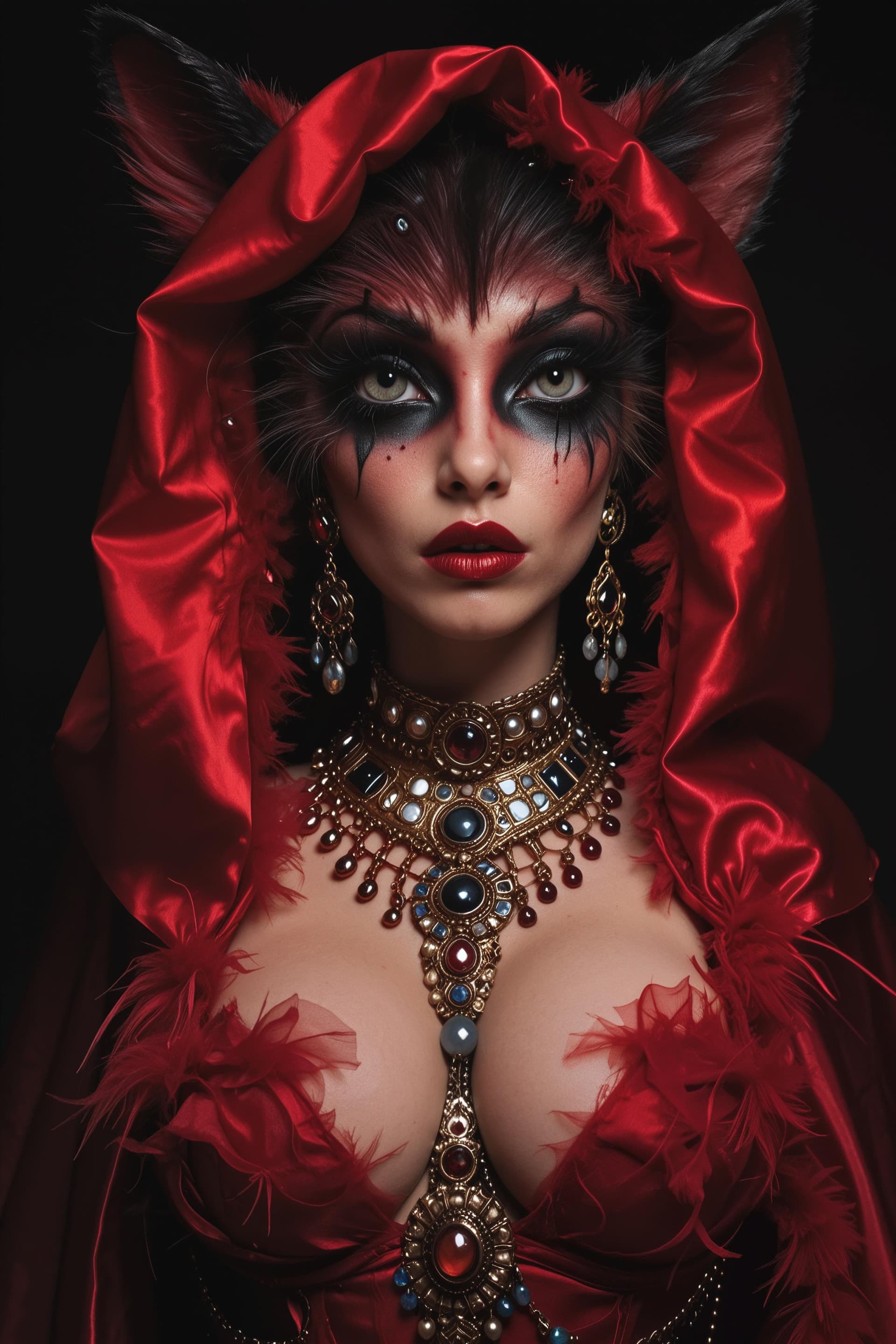 AI generated: portrait of a sexy middle-eastern woman with huge eyes wrapped in a red silk with one breast popping...