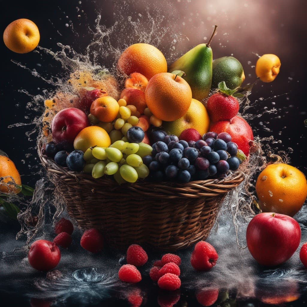 AI generated: a basket of colorful fruits, with extreme contrast, extreme details, explode with huge particles spl...