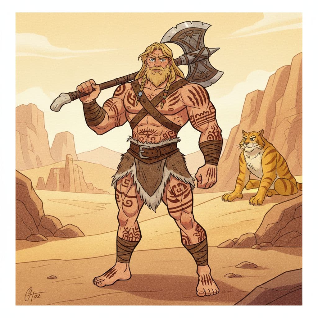 AI generated: Full body shot of young beautiful European male barbarian man warrior, muscular, belts and loincloth...