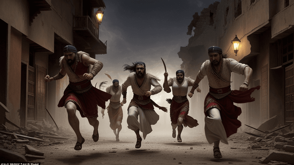 AI generated: Warriors dressed in old Turkish clothes, running away from a ruined deserted city at night, action, ...