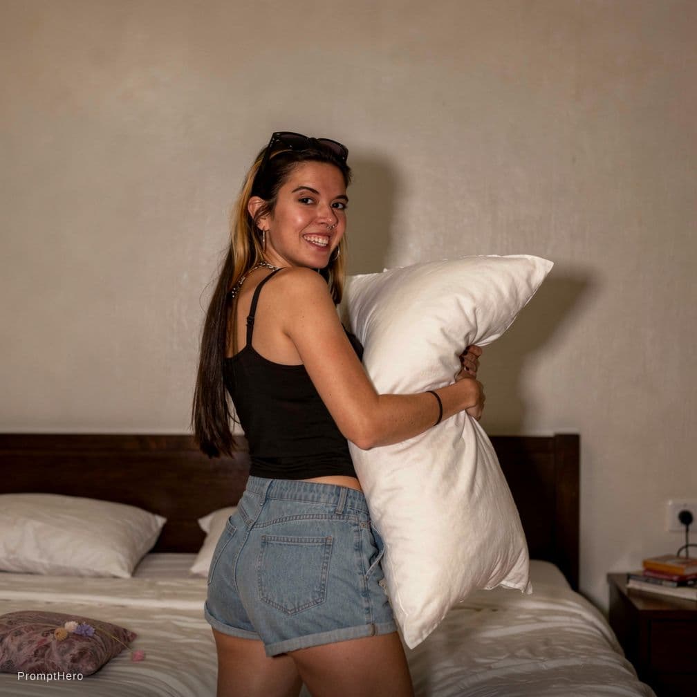 AI generated: Looking back over shoulder. Dont alter face. Humping pillow thong
