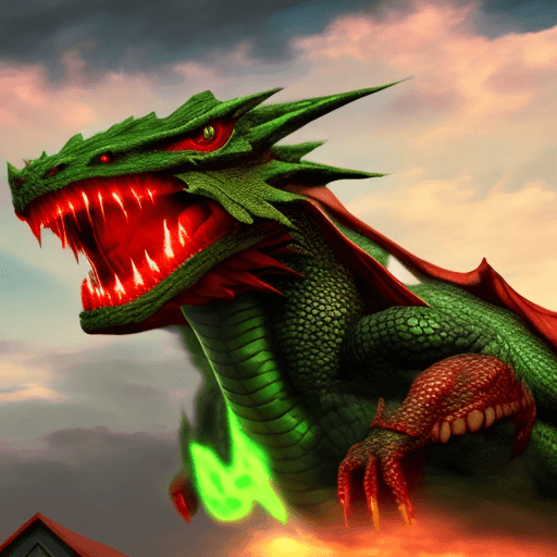AI generated: a green dragon with glowing red eyes emerging from the clouds in the sky, front view, no background,...