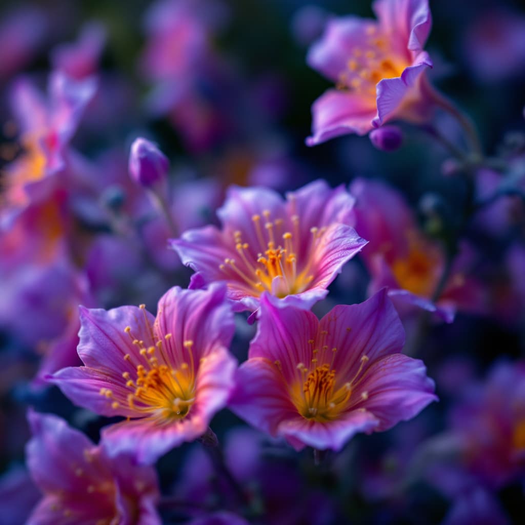 AI generated: A close-up of an imaginary plant, with flowers that bloom only at night. The style is reminiscent of...