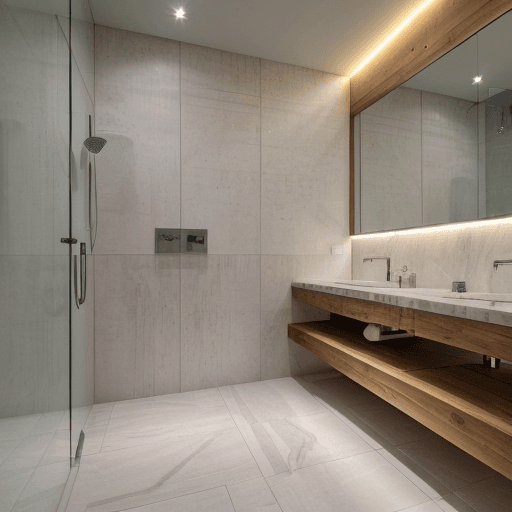 AI generated: High resolution photography interior design, ,marble floor tiles ,wc,bidet,spot lights,led lights,in...