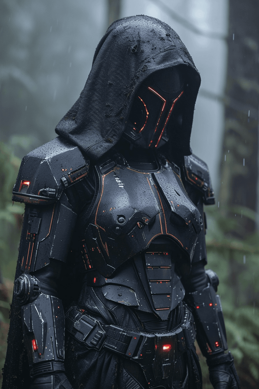 AI generated: a close up of a person in armor in a forest, cyberpunk clothes, trending on pintrest, dark grey robe...