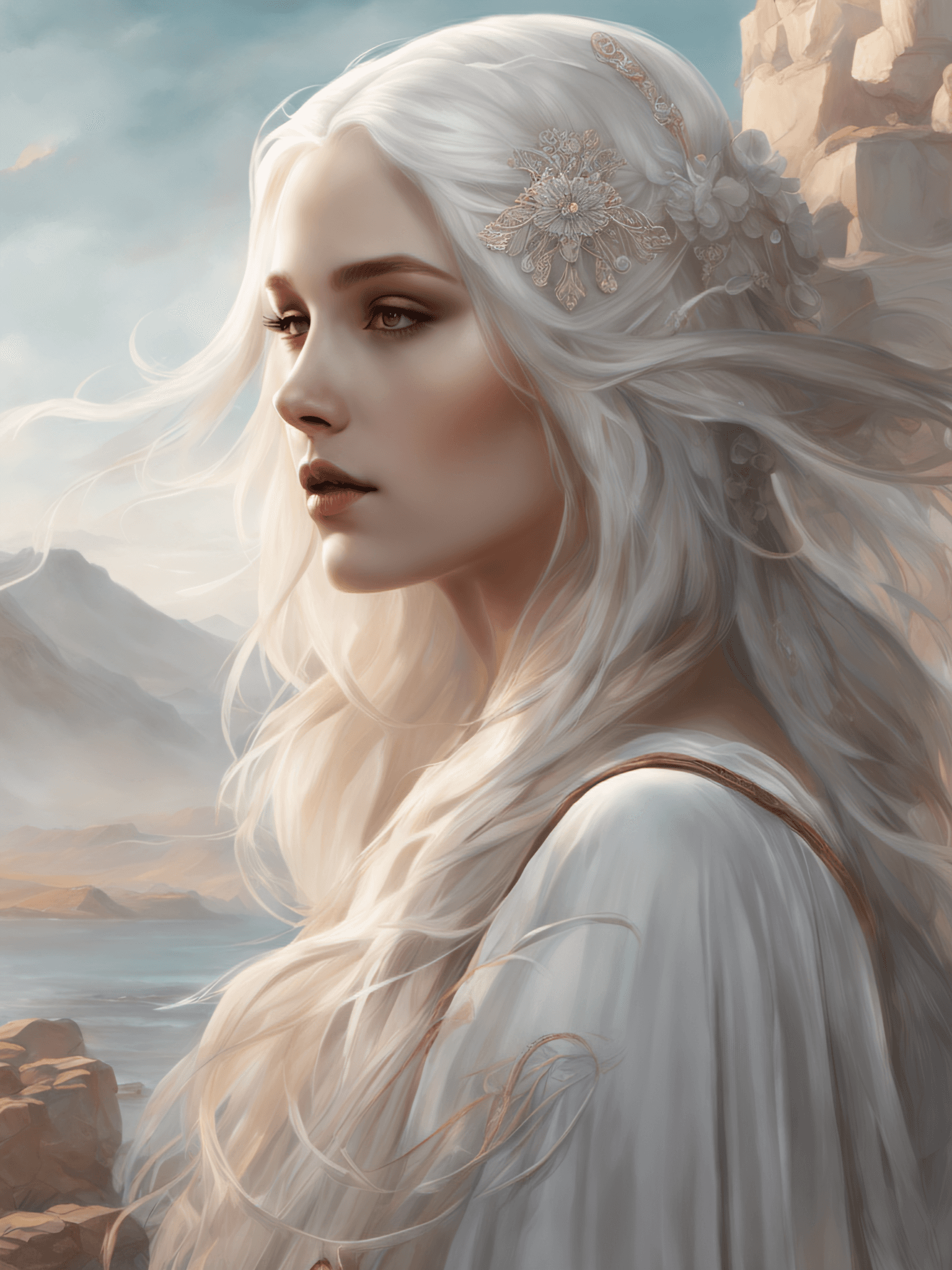 AI generated: breathtaking close up of a person with long white hair, inspired by Louisa Matthíasdóttir, exquisite...