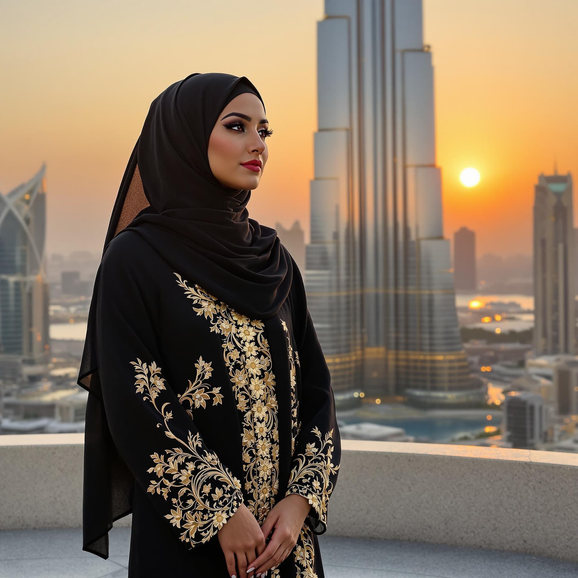 AI generated: 1. **Arabische Frau in einem luxuriösen Abaya-Outfit vor dem Burj Khalifa**  
   Eine elegante arabi...
