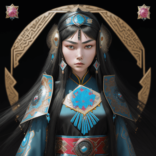 AI generated: kazakh beauty girl. black long hair. traditional clothes. line eyes. Turkish style. reflection flowe...