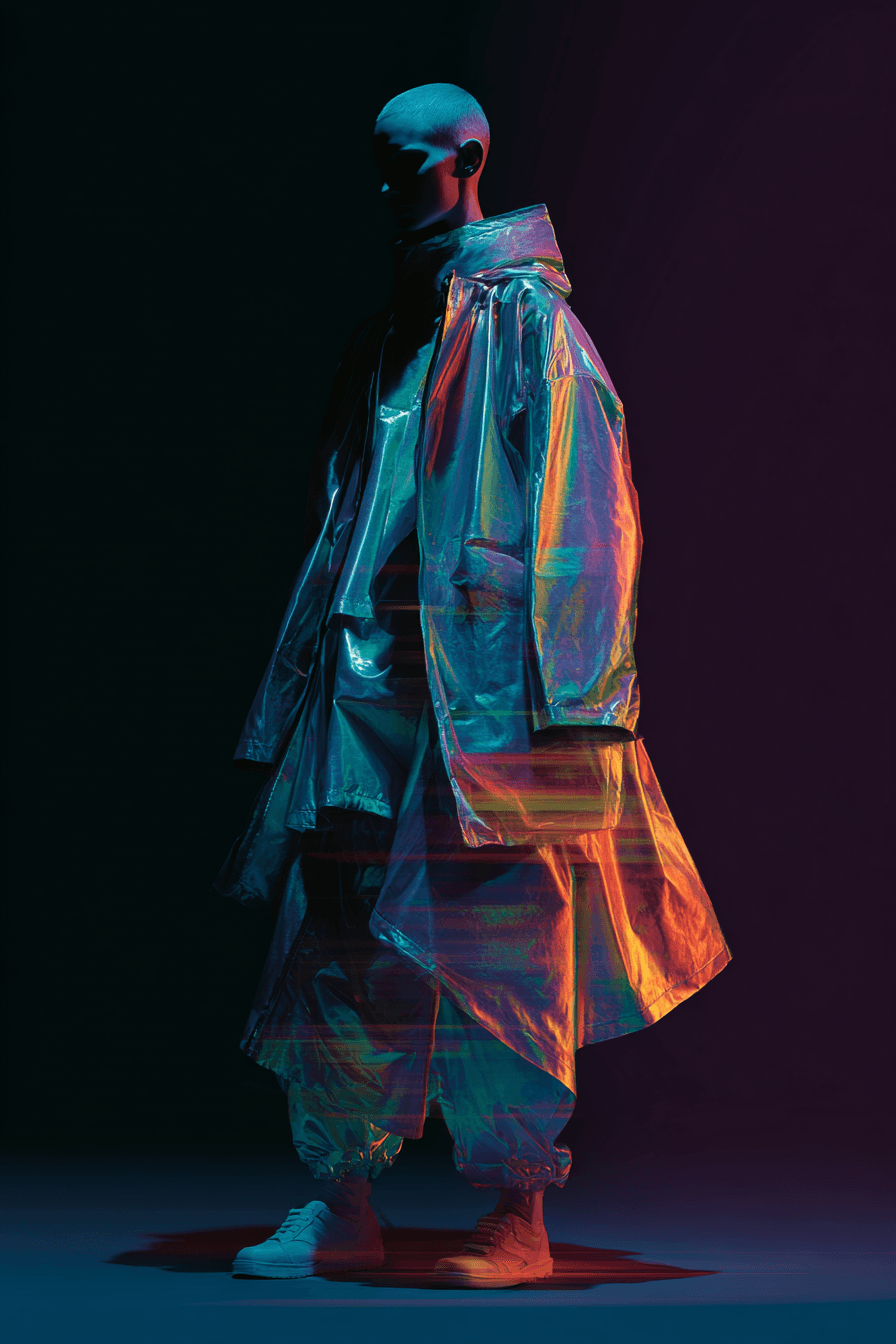 AI generated: futuristic fashion, experimental, metallic fabric, asymmetrical layers, glitch textured parka, drama...
