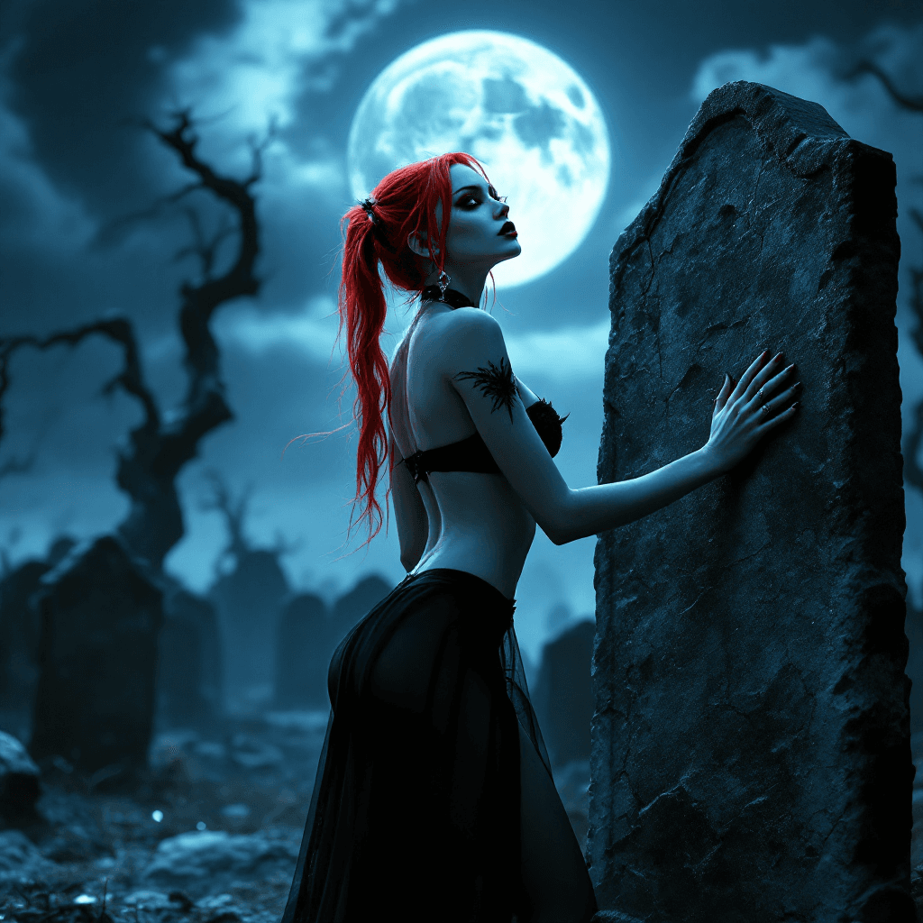 AI generated: A realistic, full-body photo of a fit, thin, perfect-bodied, very pale woman standing in a moonlit g...