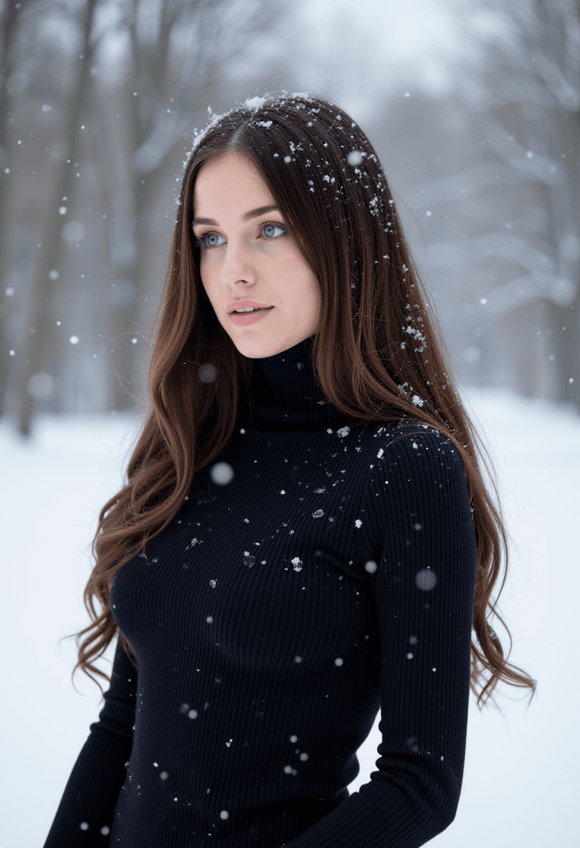 AI generated: a woman stands outside in a snowstorm, her long brunette hair is covered in snow along with her form...
