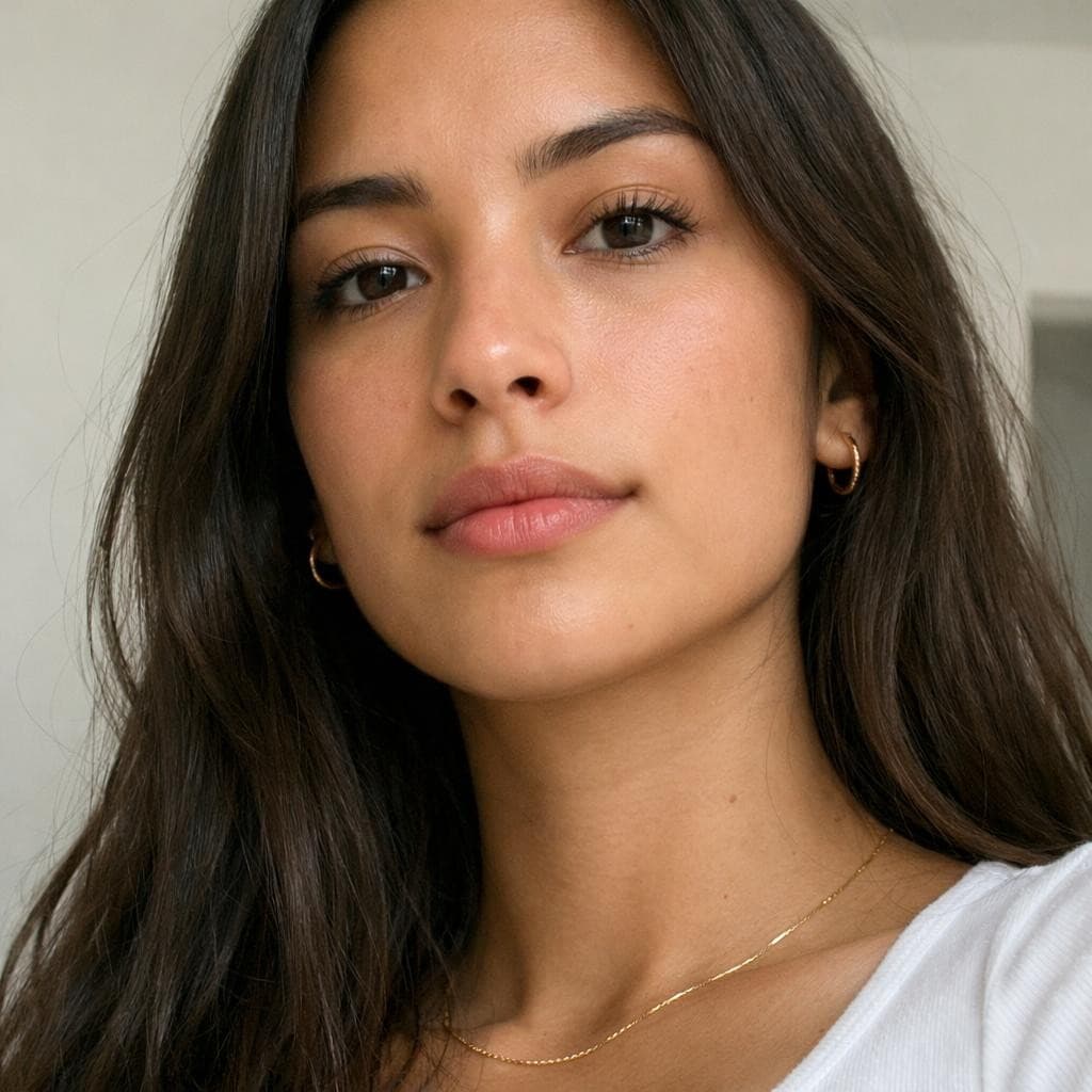 AI generated: ultra realistic young woman, 23 years old, natural beauty, oval face, almond-shaped dark brown eyes,...