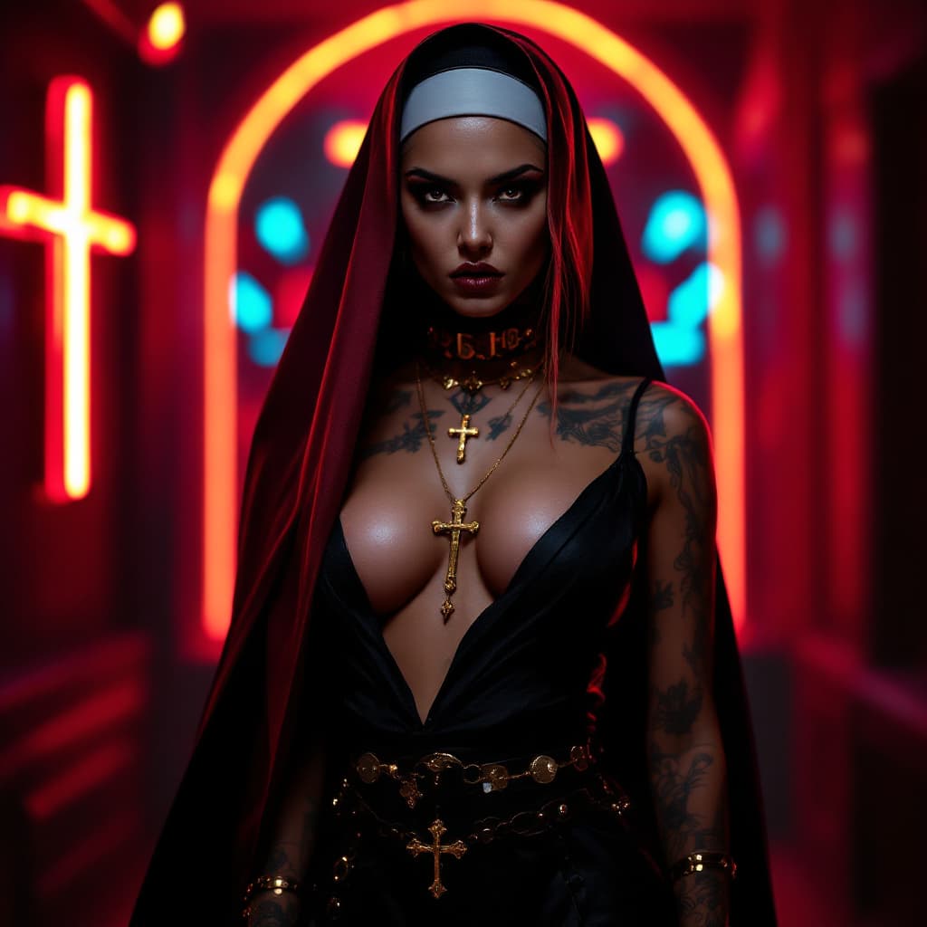 AI generated: Full body view of a stunning young beautiful tattooed nun with a modern twist. She wears traditional...