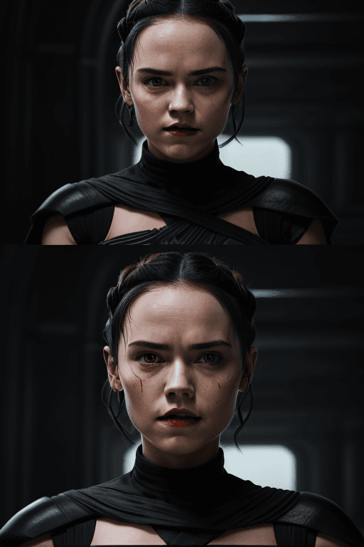 AI generated: rey skywalker with daisy ridley face as sith empress in black sith uniform, loose hair, dark red lip...