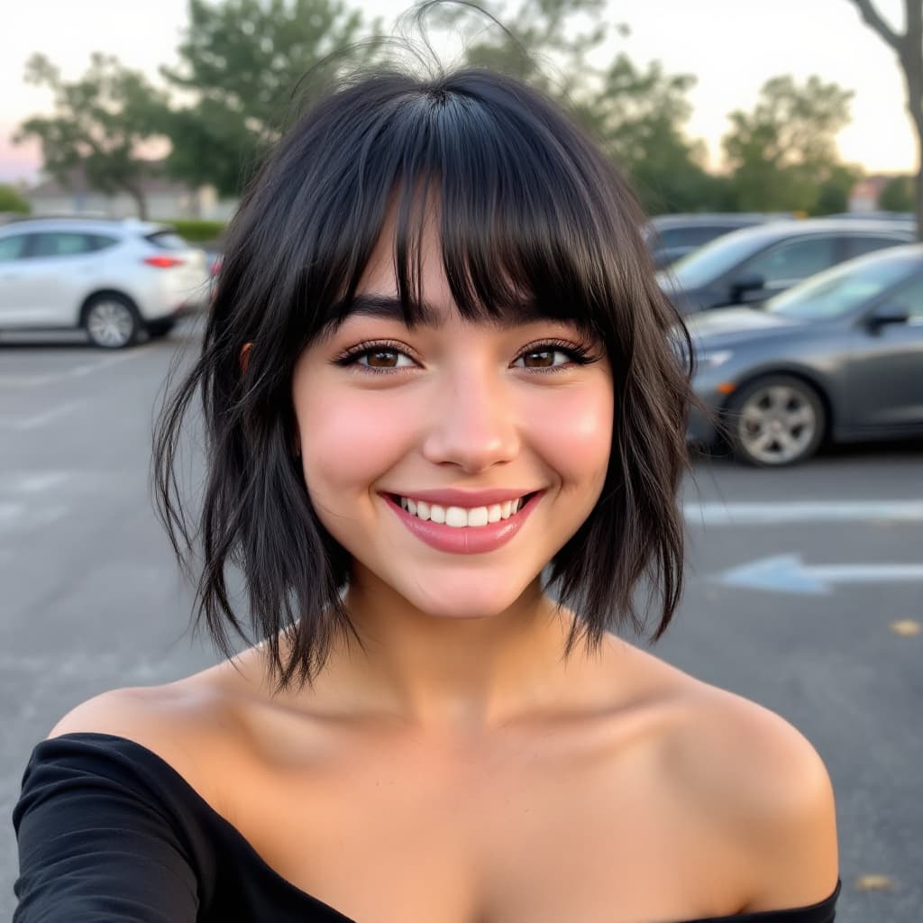 AI generated: a girl ,thick eyebrows, short black hair with very long bangs, wearing a black off the shoulder top,...