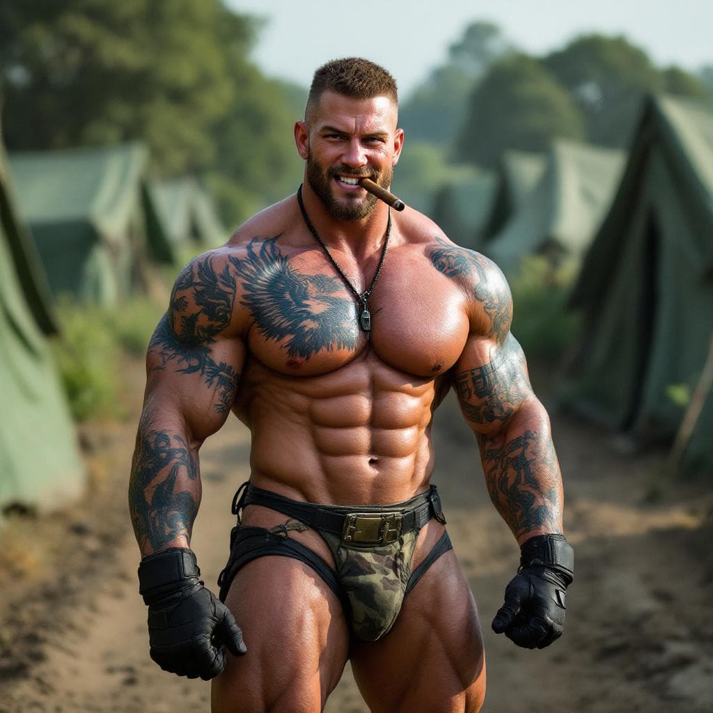 AI generated: Chris Redfield, Full body image, looking at us, shirtless, muscular abs, lots of tattoos, eagle ches...