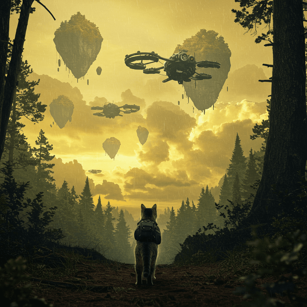 AI generated: A cat stands in a futuristic forest, looking up at flying machines hovering under floating islands. ...