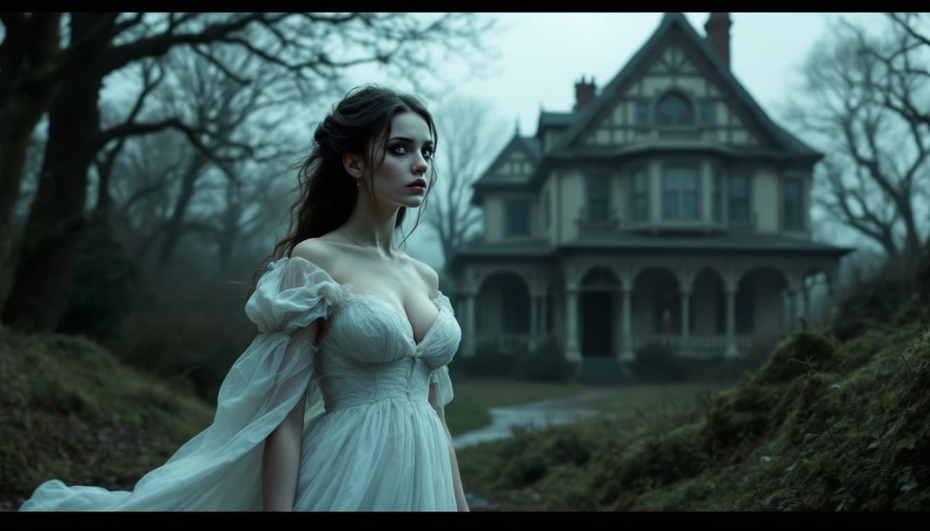 AI generated: girl in white gown with big chest in front of a haunted guest house
