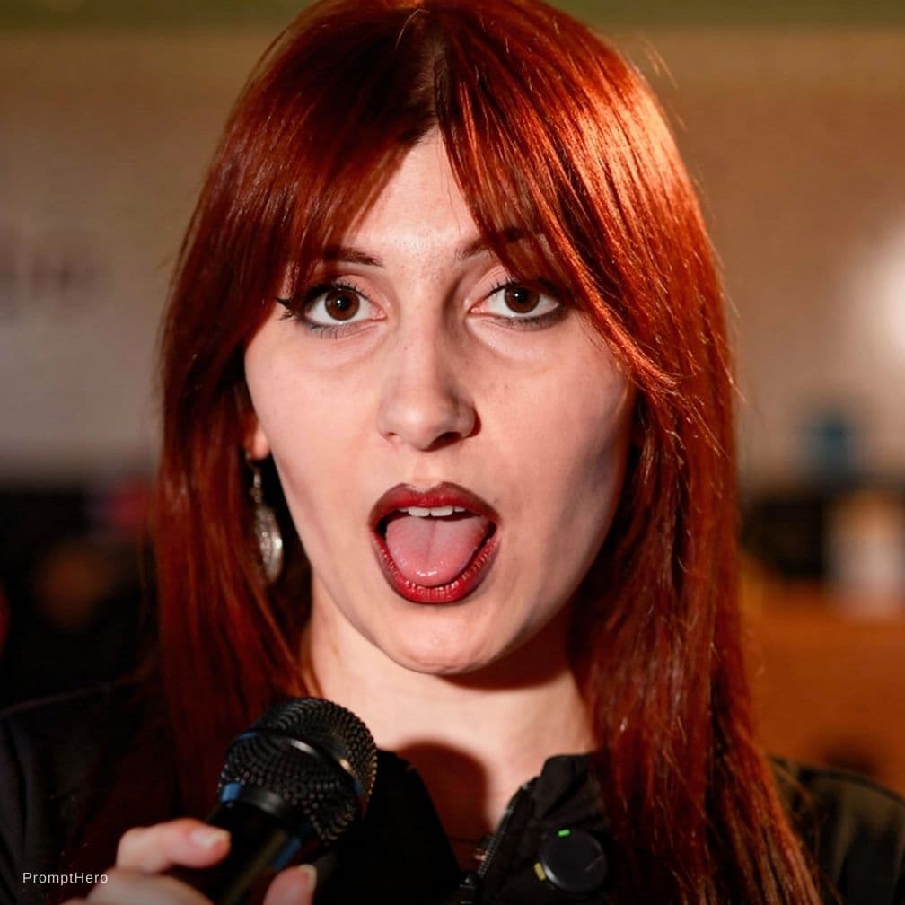 AI generated: tongue out widely naughty face emotion sitting on knee looking above straight into the camera