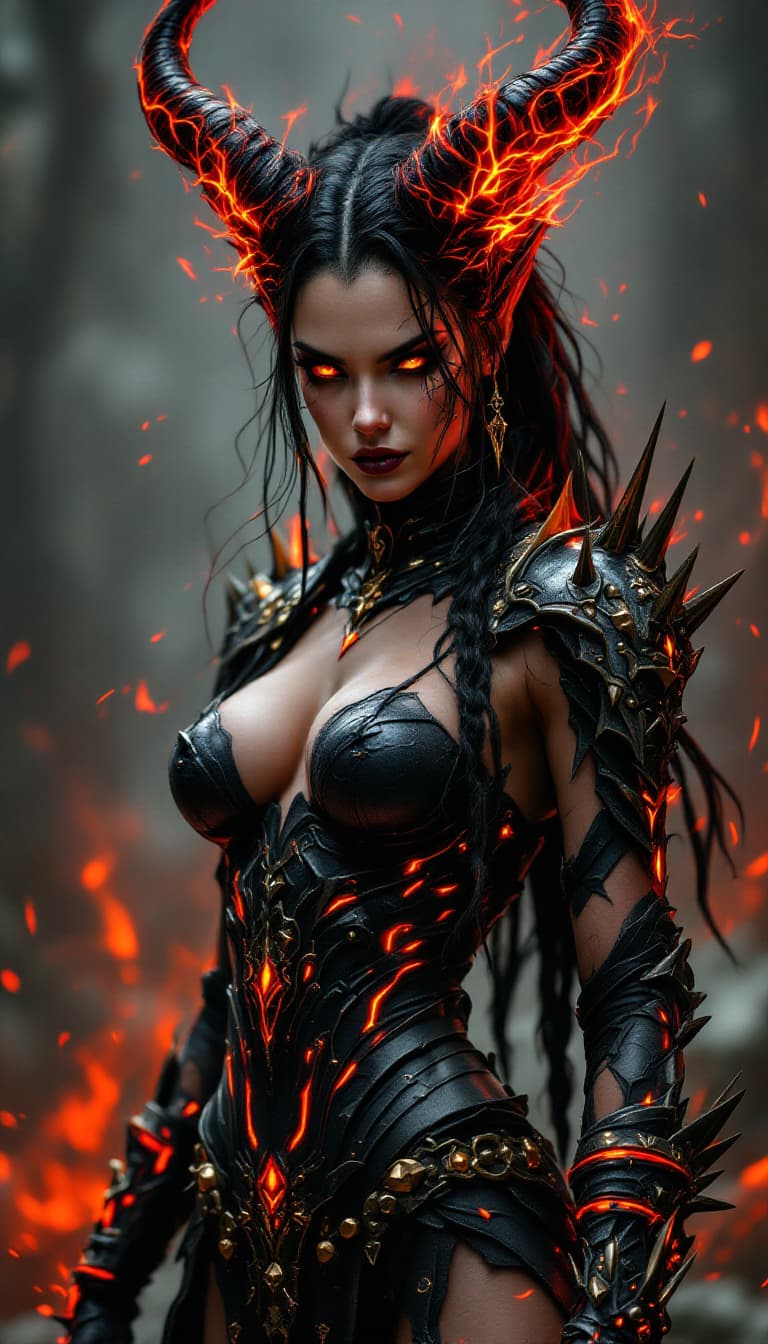 AI generated: An ultra-realistic, full-body portrait of a captivating demon warrior woman, exuding dark power and ...
