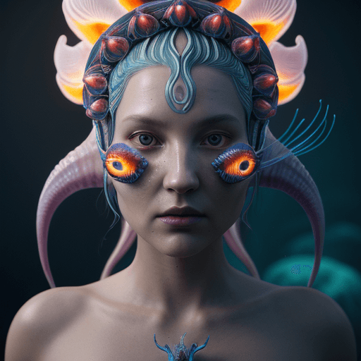AI generated: Goddess close-up portrait ribcagel. jellyfish phoenix head, nautilus, orchid, skull, betta fish, bio...