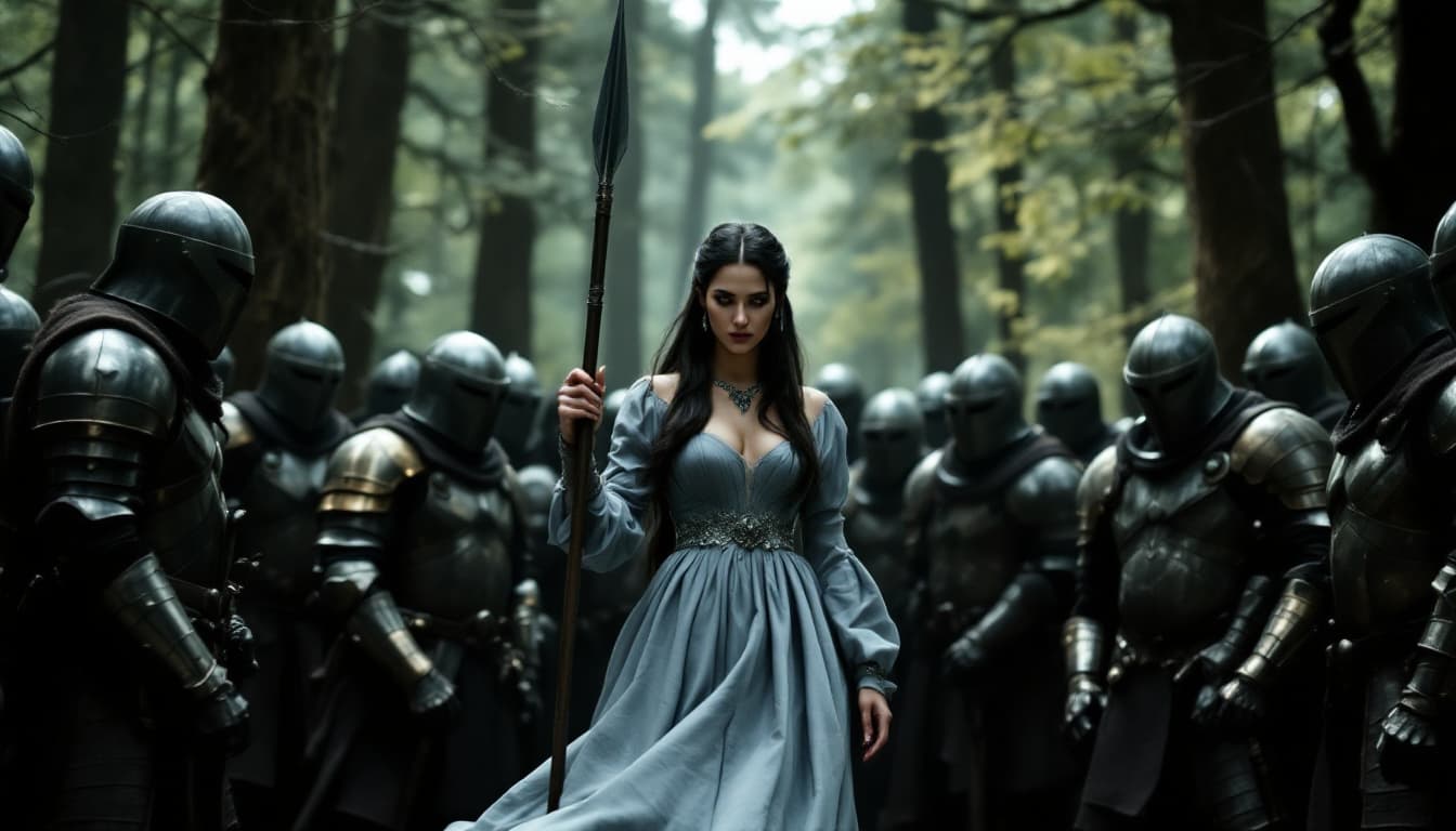 AI generated: a woman in a gray dress standing in a forest surrounded by armored soldiers. The woman has long dark...